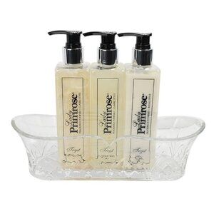 LADY PRIMROSE Tryst 3-Piece Bathing Gel Hand Wash Lotion Glass Caddy Set NEW
